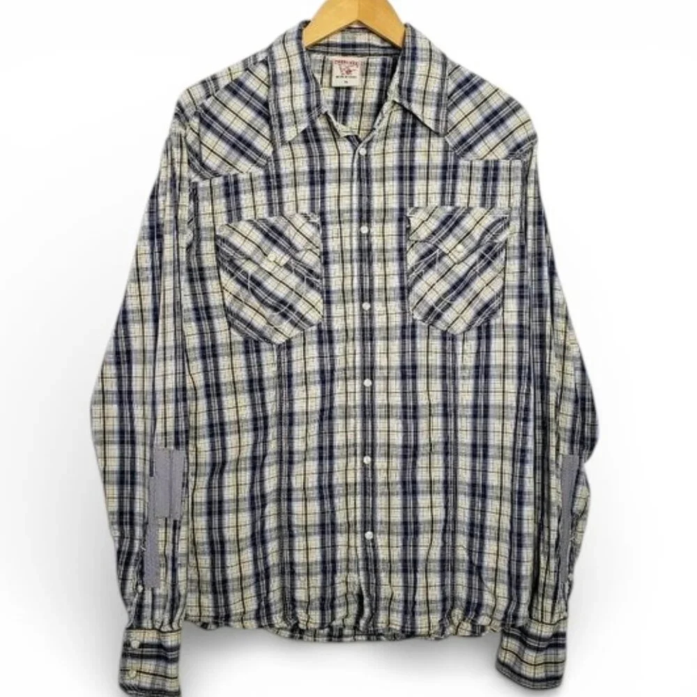 True Religion Plaid Distressed Shirt Men Button Down Pearl Snap Flap Pocket XL